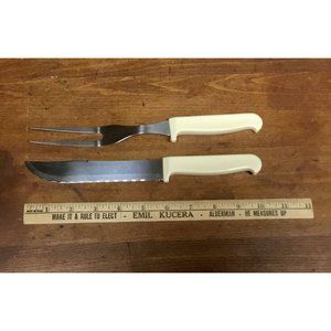 Vintage Quikut Brand Carving Set-Knife & Fork-Ivory Enamel or Plastic Handles